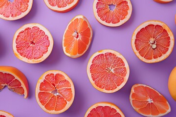 Pattern of ripe grapefruit slices on purple background