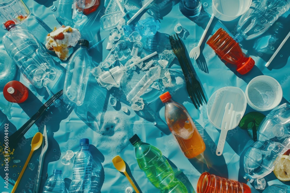 Poster plastic bottles and spoons arranged on a table, suitable for environmental and recycling concepts