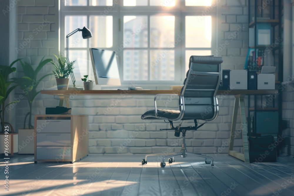 Poster a chair sitting in front of a window next to a desk. suitable for interior design concepts