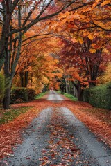 Obraz premium A picturesque tree lined road with fallen leaves, perfect for autumn-themed projects