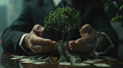 A man in a suit holding a tree. Suitable for business and environmental concepts