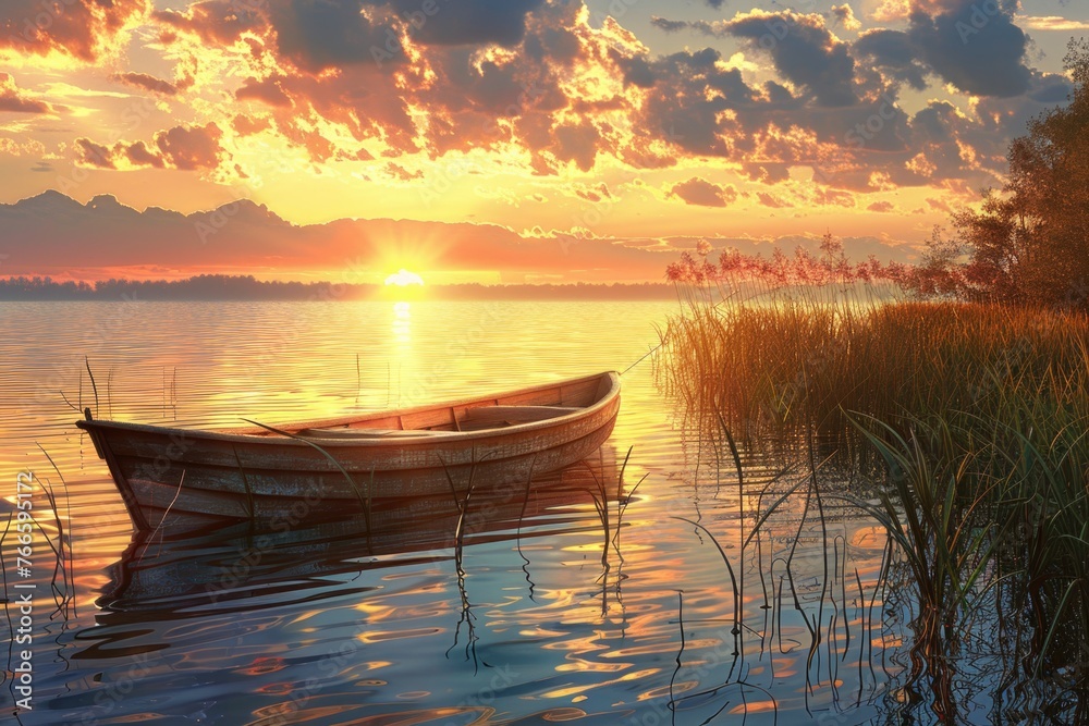 Poster a tranquil scene of a boat floating on a peaceful lake at sunset. perfect for travel or relaxation c