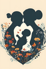 minimalist silohuette graphic of a mother and baby in a garden of wildflowers, inside a heart shape, flat, one color