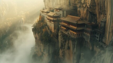Serene Shanxi cliff monastery bathed in soft sunlight, blending with nature in an ethereal morning mist