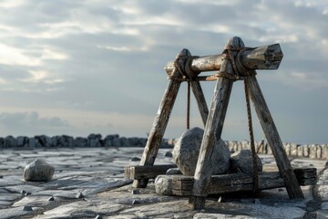 Fototapeta premium A wooden structure sitting on top of a rocky beach. Suitable for travel brochures or nature-themed websites