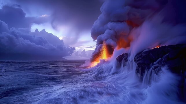 Ocean meets lava on Hawaii's coast, the clash causes steam clouds under a darkening twilight sky