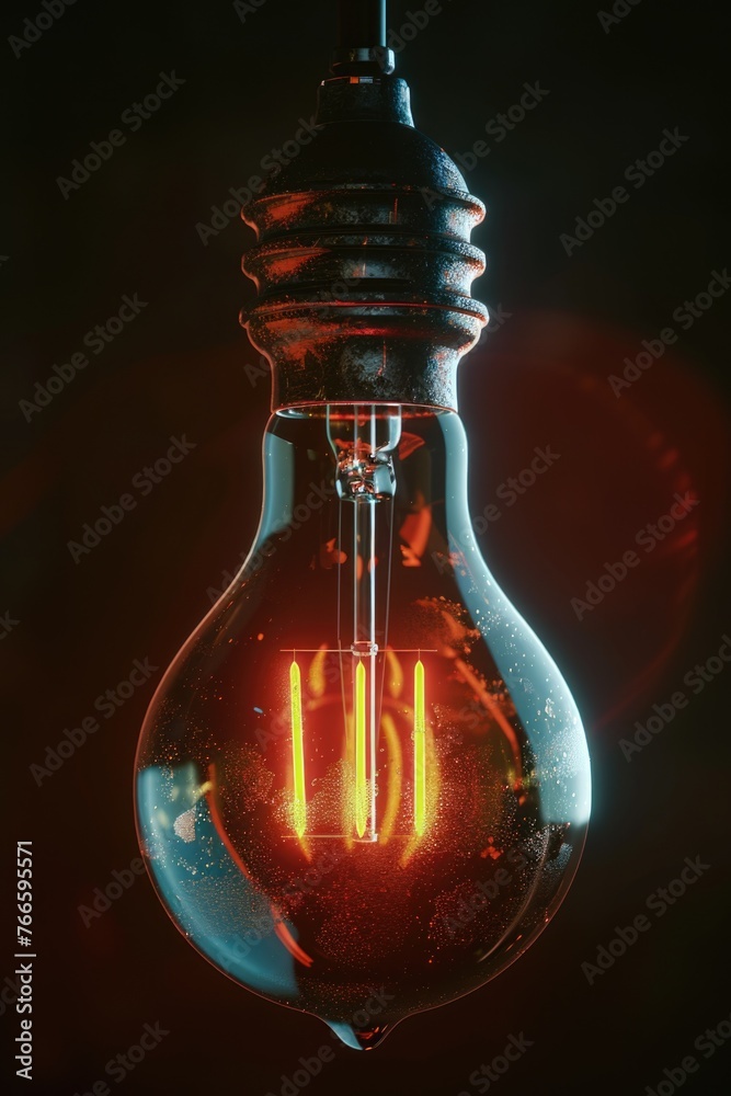 Poster A single light bulb hanging in a dark room, perfect for adding atmosphere to your design projects