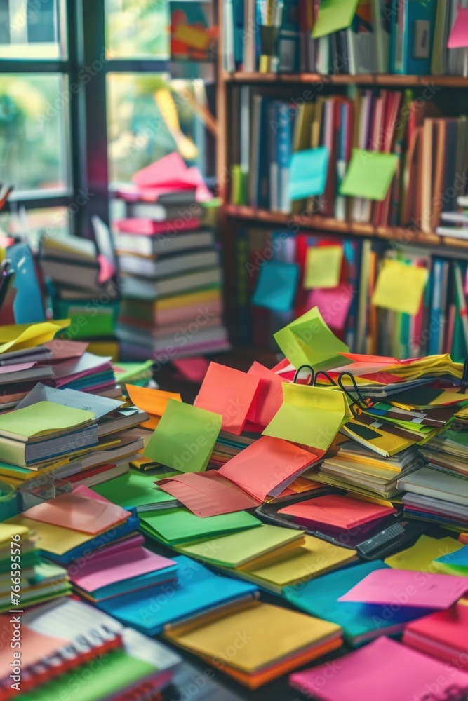 Poster colorful post it notes on a table, suitable for office or organization concepts