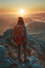 A woman with a backpack standing on the top of a mountain. Suitable for outdoor adventure concepts