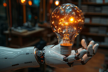 Glowing light bulb held by a robotic arm, emphasizing the fusion of technology and innovation....