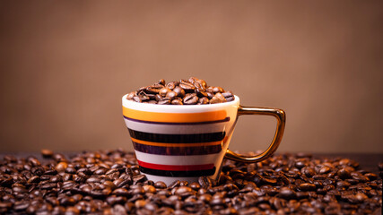 many macro aromatic coffee beans in a cup