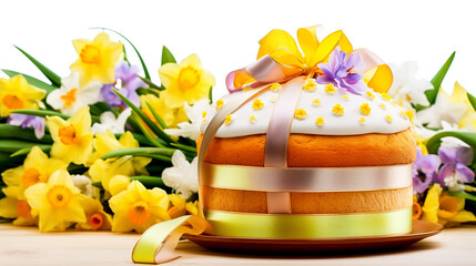 Obraz na płótnie Canvas Easter cake with yellow daffodils on a white background. Greeting card on an Easter theme. Happy Easter concept.