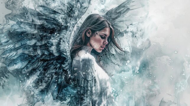 A striking painting of a woman with black wings, perfect for dark and mysterious themes