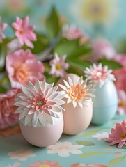 Three vertically standing eggs decorated with flowers on the top - obrazy, fototapety, plakaty