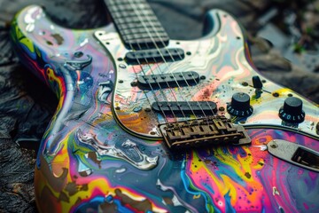 Vibrant electric guitar resting on a rock, perfect for music-themed designs