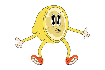 Cartoon retro lemon character. Groovy fruit icon isolated on white.