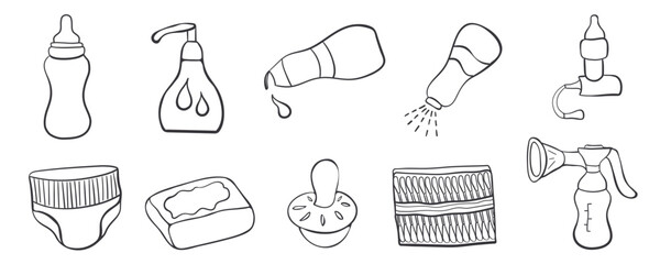 Set of hand drawn baby goods icons. Doodle vector illustration.  Hand gel Moisturizer Lotion Toner Soap Hygiene Spray Pacifier Ear buds Diaper Aspirator Breast pump.