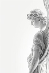 A serene statue of an angel holding a cross. Ideal for religious themes and memorials