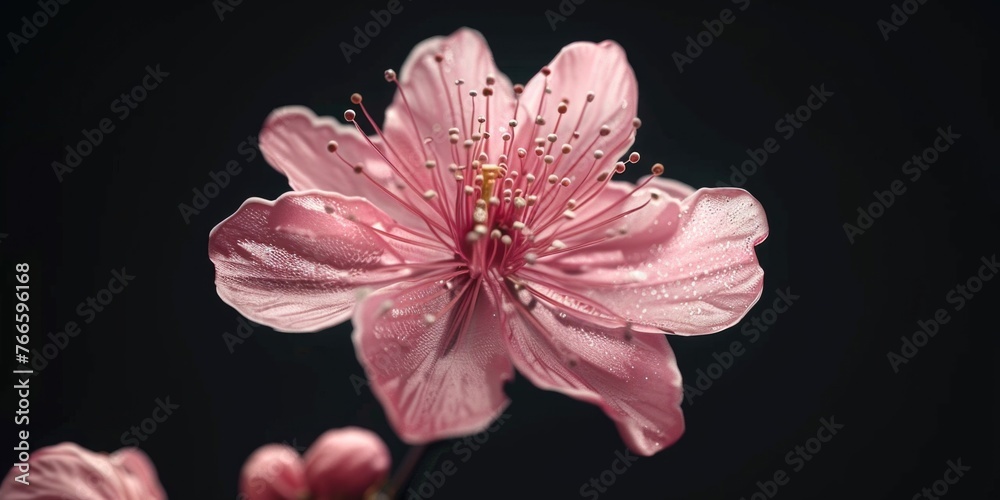Poster Close up of a pink flower on a black background. Suitable for various design projects