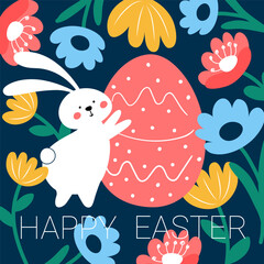Happy easter. A festive greeting card. Cute vector illustration with rabbit, Easter egg and flowers. Cartoon Easter symbols. Suitable for posting on social networks, posters, banners, covers, postcard
