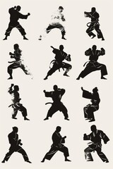 Black silhouettes of karate fighters, perfect for sports-themed designs