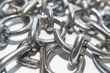 Metal hooks and chains displayed on a table, ideal for industrial or construction themes