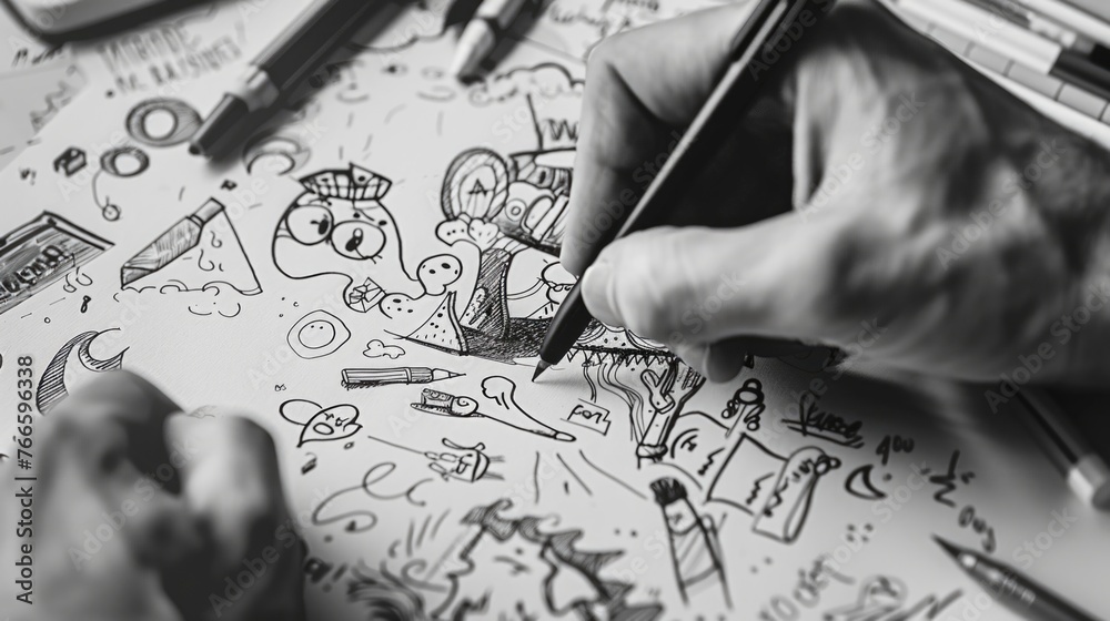 Poster a person is seen drawing on a piece of paper. suitable for design projects and art-related content