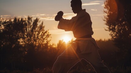 A man practicing karate during a beautiful sunset. Ideal for martial arts or fitness concepts