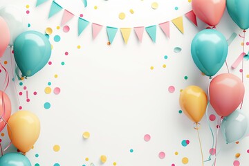 Decoration for birthday party with colorful paper flags and balloons