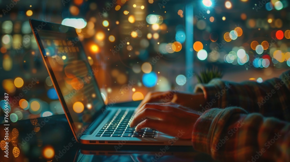 Poster A person working on a laptop in front of a window. Suitable for business or technology concepts