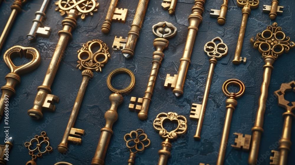 Poster collection of antique keys on a blue background. suitable for various themes