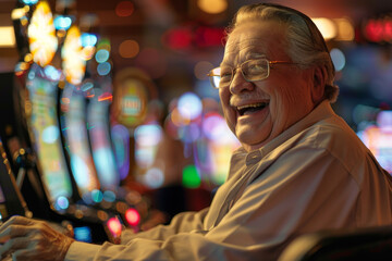 Fototapeta premium A detailed view of a smiling elderly man at a casino, his face full of hope and excitement as he plays at the slot machines