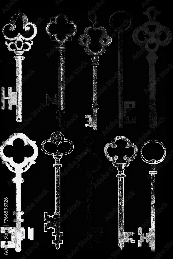 Poster A bunch of keys placed on a table. Suitable for various concepts and designs