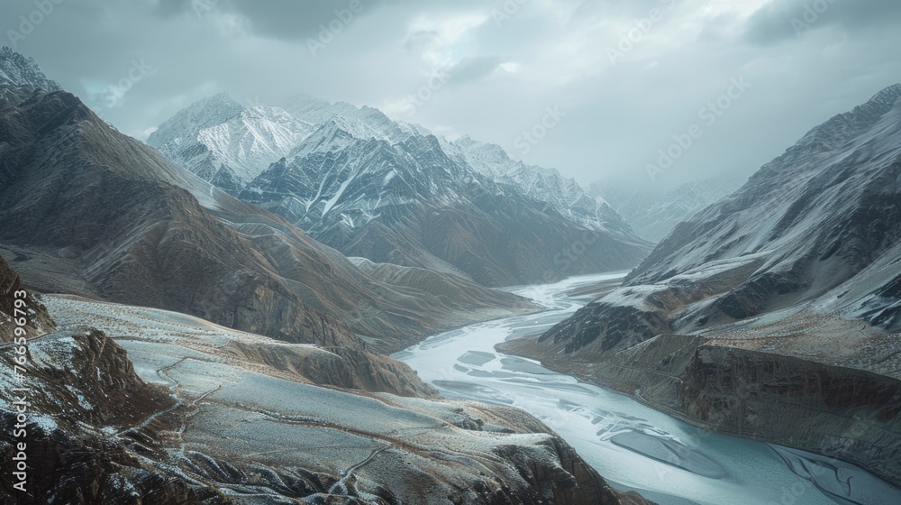 Poster Scenic view of a mountain range with a river flowing through it. Suitable for travel and nature concepts