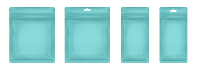 Blue green sachet or pouch. Vector zip bags mockup, foil packs. Cosmetics samples. Sheet face mask   © Irina Shats