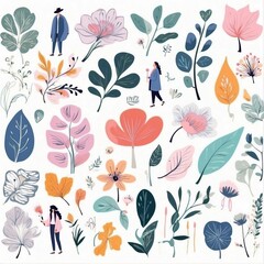 Obraz premium A collection of seamless pattern, colorful abstract plants and flowers. Hand drawn Collection of leaves and flowers. A close up of a pattern of flowers and leaves. 