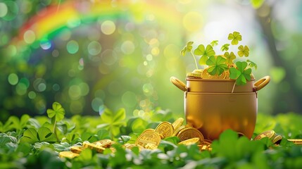 Banner with Pot of Gold Coins, Clover Leaves and Rainbow. Copy Space, St. Patrick's Day, Green, Ireland, Saint, Decor, Culture, Coin, Money, Holiday, Magic, Event, Decor, Symbol
 - obrazy, fototapety, plakaty