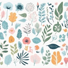 Fototapeta premium A collection of seamless pattern, colorful abstract plants and flowers. Hand drawn Collection of leaves and flowers. A close up of a pattern of flowers and leaves. 