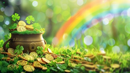 Banner with Pot of Gold Coins, Clover Leaves and Rainbow. Copy Space, St. Patrick's Day, Green, Ireland, Saint, Decor, Culture, Coin, Money, Holiday, Magic, Event, Decor, Symbol
 - obrazy, fototapety, plakaty