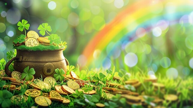 Banner with Pot of Gold Coins, Clover Leaves and Rainbow. Copy Space, St. Patrick's Day, Green, Ireland, Saint, Decor, Culture, Coin, Money, Holiday, Magic, Event, Decor, Symbol
