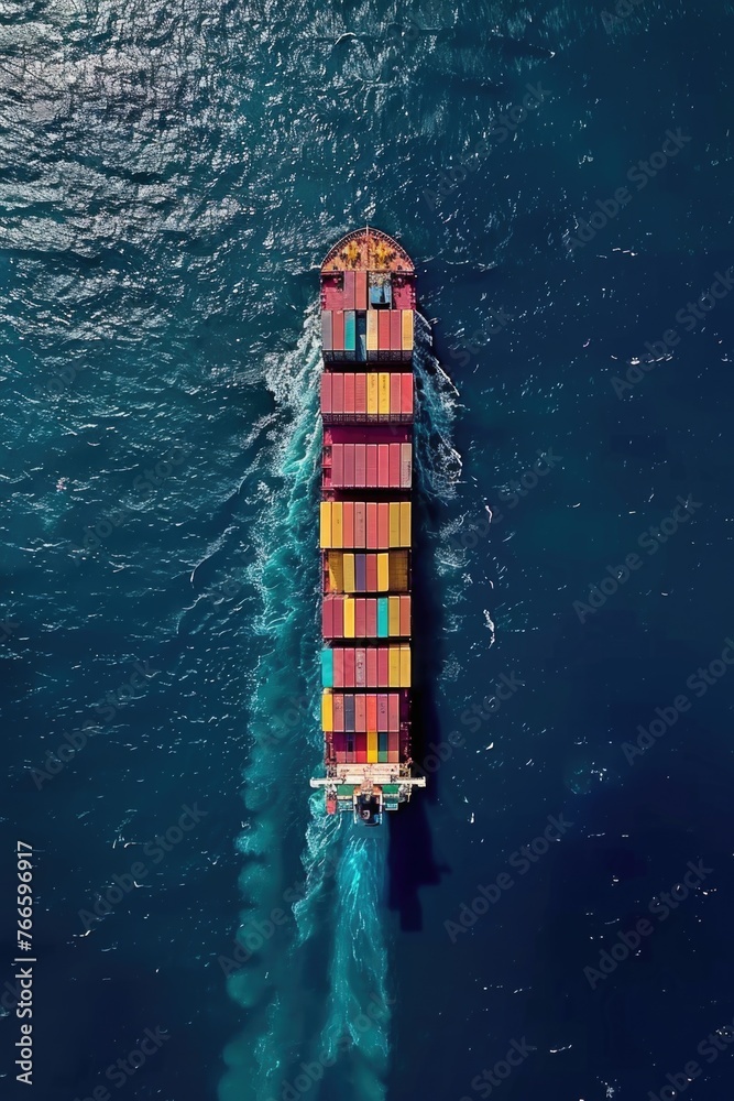 Poster Aerial view of a container ship sailing in the ocean. Suitable for transportation and shipping concepts
