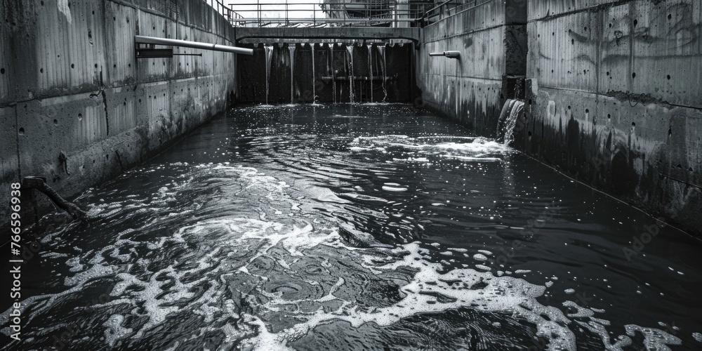 Poster black and white photo of a canal with flowing water, suitable for various projects