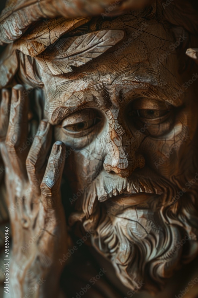 Poster detailed close up of a man statue with a beard, suitable for historical and artistic projects
