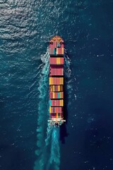 Aerial view of a container ship sailing in the ocean. Suitable for transportation and shipping concepts