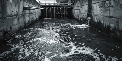 Black and white photo of a canal with flowing water, suitable for various projects