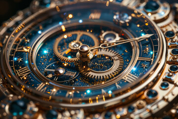 Abstract clock mechanism with gears shaped like celestial bodies, depicting the cosmic orchestration of time. Concept of celestial timekeeping. Generative Ai.