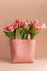 Pale pink handbag brimming with fresh pink tulips, concept of spring elegance and thoughtful gifting
