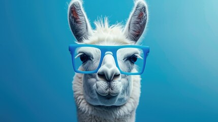 A llama wearing glasses on a blue background. Perfect for educational and fun designs - obrazy, fototapety, plakaty