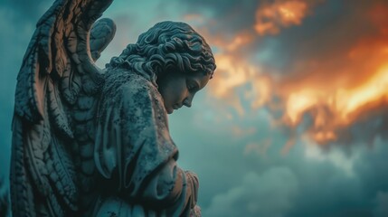 Statue of an angel under dramatic clouds. Perfect for religious or spiritual themes - obrazy, fototapety, plakaty