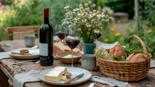 Wine and cheese with bread on the table. Festive picnic in the garden.